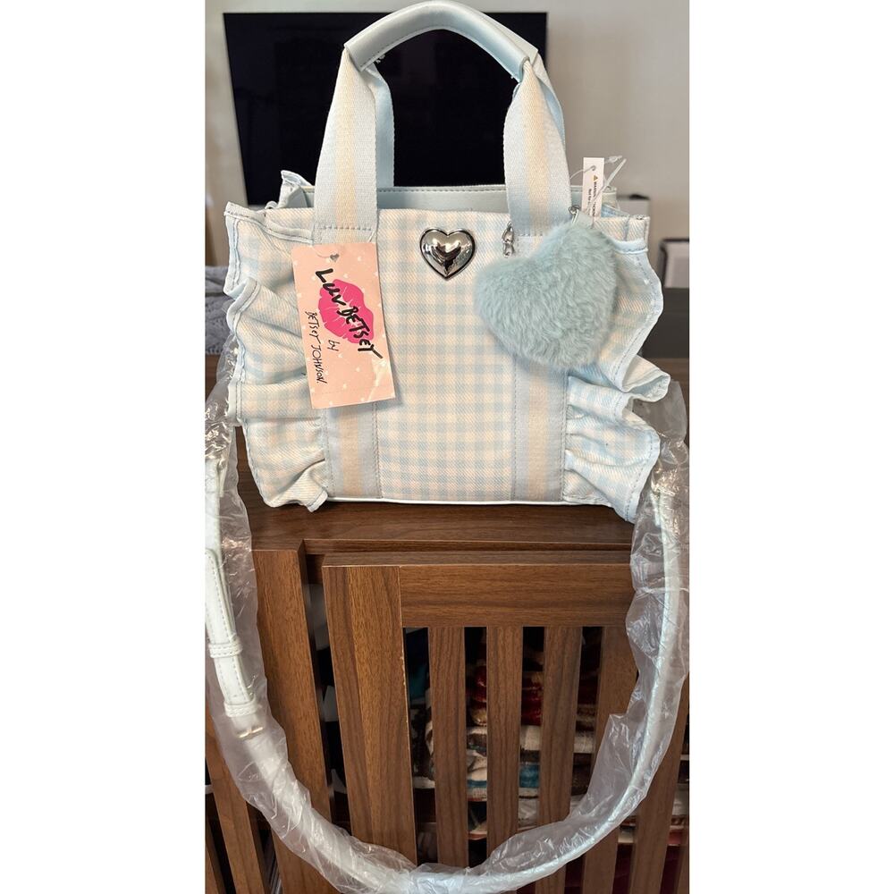 NWT Betsey Johnson Luv Betsey Light Blue Gingham Ruffle Shoulder Bag Heart Charm